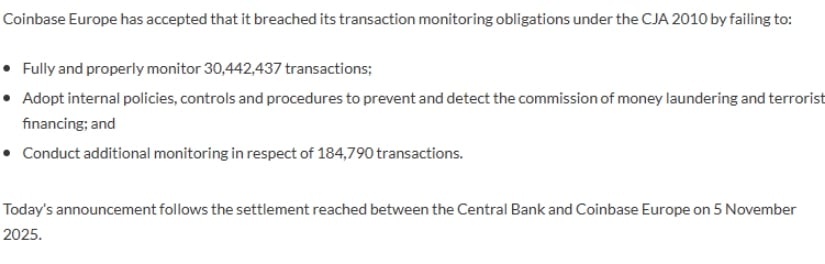 Coinbase Settles .7M Fine with Ireland Over Transaction Monitoring Failures Coinbase Settles .7M Fine with Ireland Over Transaction Monitoring Failures