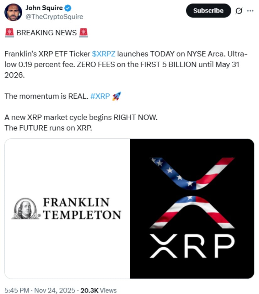 XRP Price Today: XRP Holds Near .07 as Franklin Templeton’s XRPZ ETF Launch Fuels Momentum Toward a Long-Term Rally