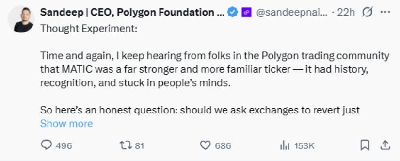 Polygon Co-Founder Considers Bringing Back MATIC Ticker After User Confusion