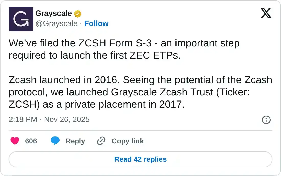 ZEC sees 5% gain as Grayscale files to convert its Zcash Trust to an ETF