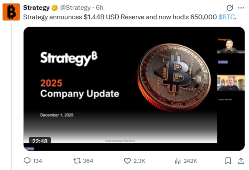 Strategy Sets Up .4 Billion Cash Reserve While Bitcoin Holdings Hit 650,000 BTC Strategy Sets Up .4 Billion Cash Reserve While Bitcoin Holdings Hit 650,000 BTC