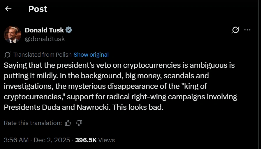 Poland’s government claim Russia collusion in President Nawrocki attacks over crypto bill