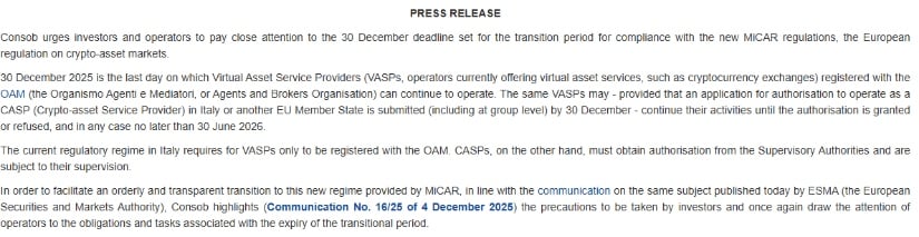 Italy Sets Hard MiCA Deadline for Crypto Platforms to Comply Italy Sets Hard MiCA Deadline for Crypto Platforms to Comply