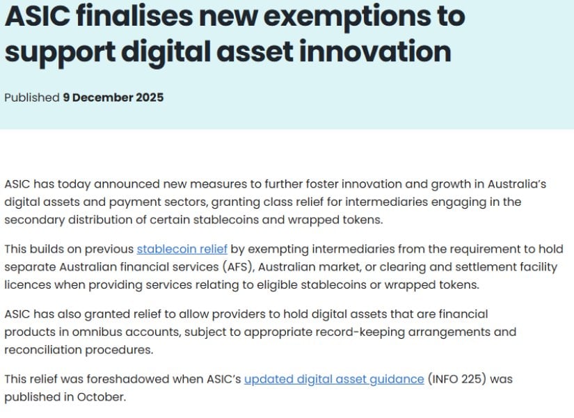 Australia’s Regulator Grants Major Relief to Digital Asset Companies