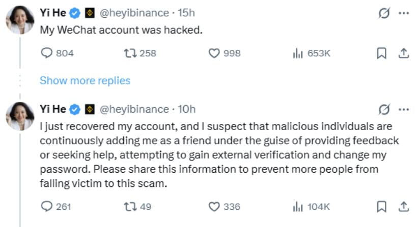 Binance Co-CEO Yi He’s WeChat Account Hacked in ,000 Crypto Scam