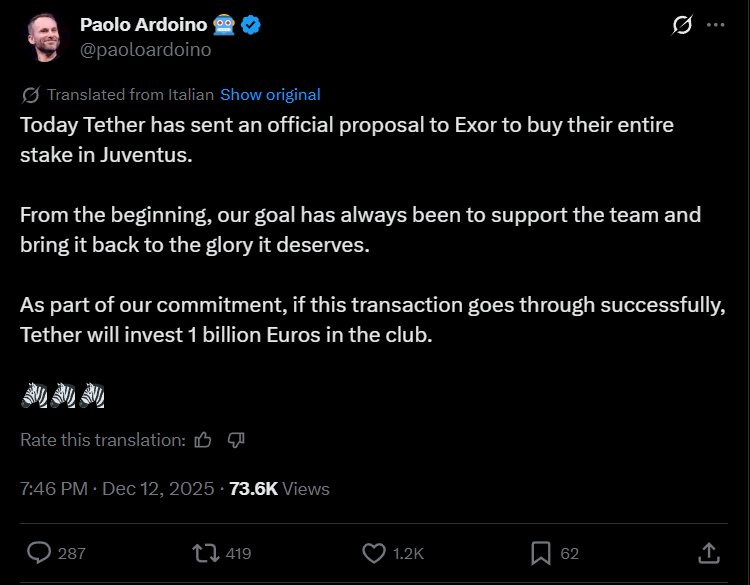 Tether Moves to Buy Juventus in Landmark Crypto Sports Deal
