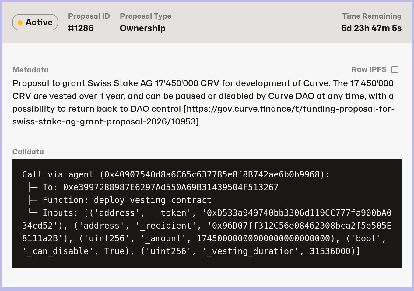 Curve DAO to vote on 17.45M CRV grant to fund Swiss Stake AG through 2026