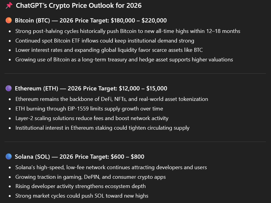 ChatGPT Predicts Bitcoin, Ethereum, and Solana Prices for 2026 as Market Eyes Recovery