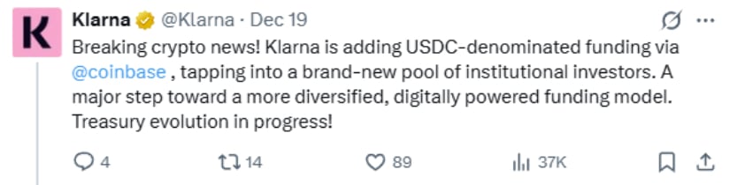 Klarna Partners with Coinbase to Accept Stablecoin Funding from Institutions