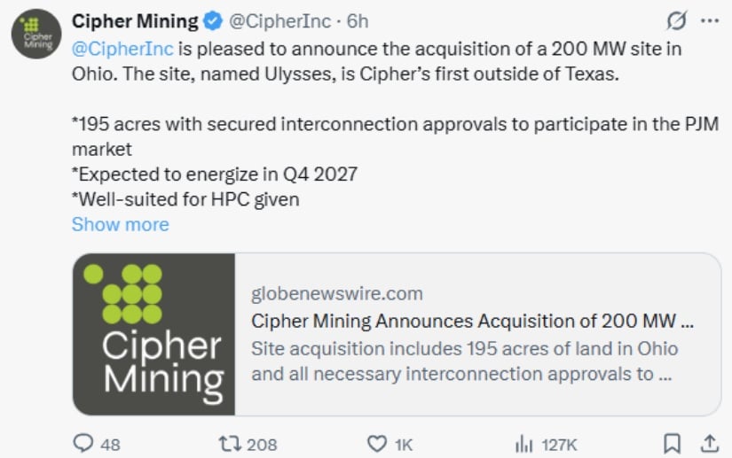 Cipher Mining Enters US Wholesale Power Market with Ohio Data Center Acquisition Cipher Mining Enters US Wholesale Power Market with Ohio Data Center Acquisition