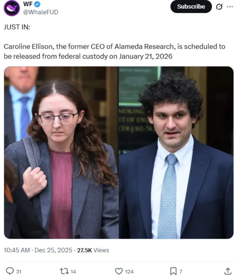 Former Alameda CEO Caroline Ellison Set for Release in January 2026
