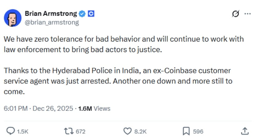 Coinbase CEO Announces First Arrest in India Over Insider Data Breach Coinbase CEO Announces First Arrest in India Over Insider Data Breach