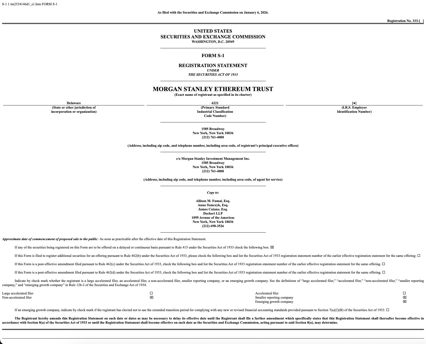 Morgan Stanley Files for Ethereum Trust After Bitcoin and Solana Push Morgan Stanley Files for Ethereum Trust After Bitcoin and Solana Push