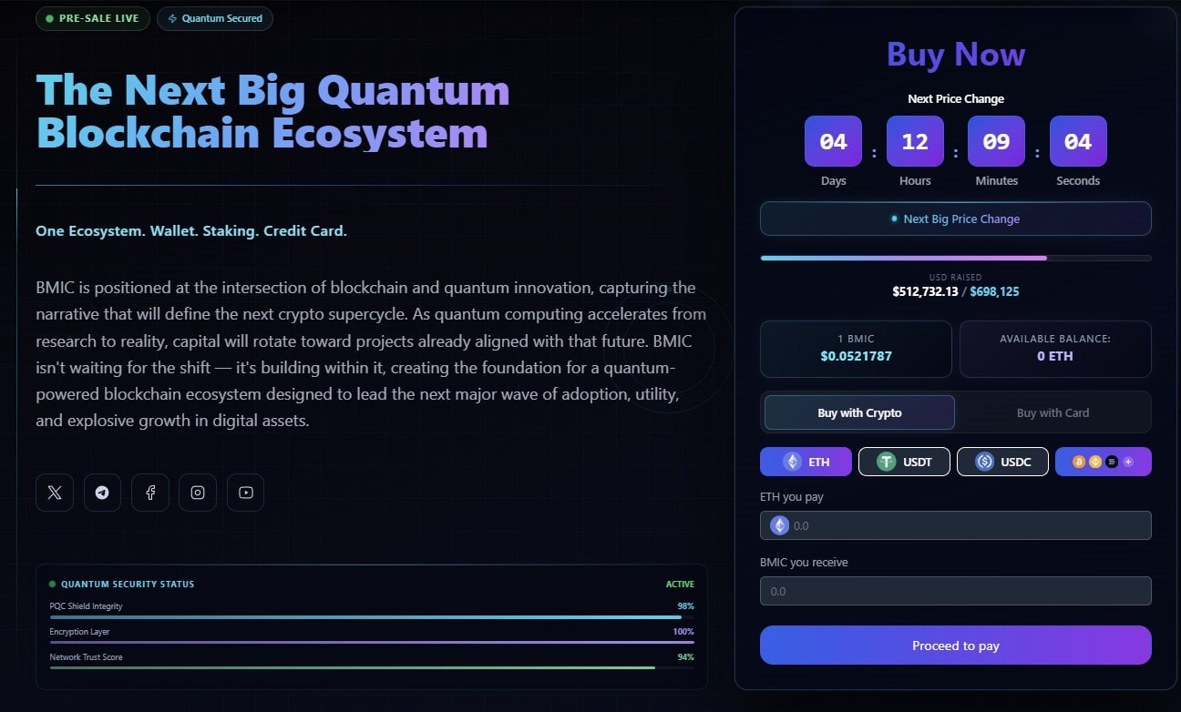 BMIC Crypto Presale Tops 0,000 – Analysts Watch Post-Quantum Finance Stack