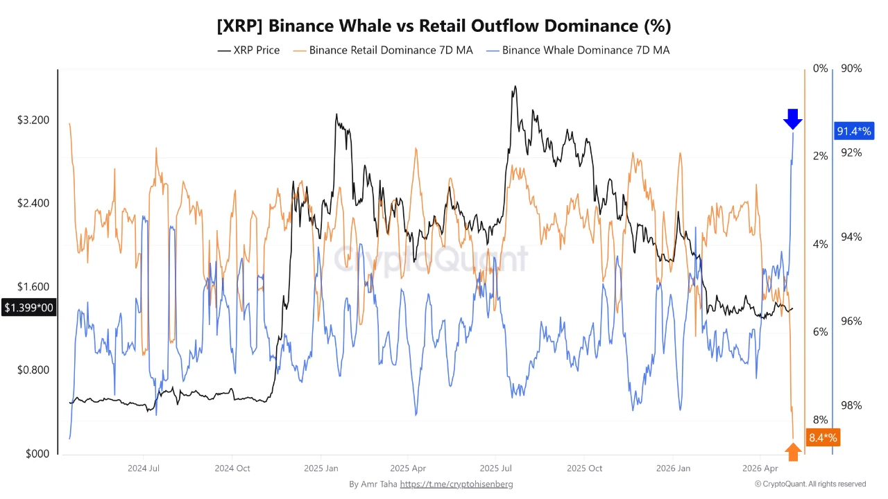 XRP Whale Outflows Hit 2024 Highs as Retail Share Falls to Multi-Year Lows